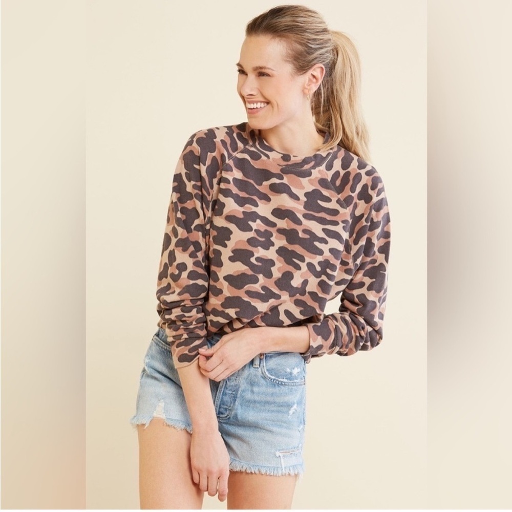 Monrow Brown Camo Slouchy Raglan Pullover Sweatshirt sz S